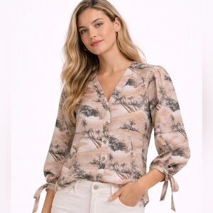 Cara Cara Win Button-Up Top S Beige Tropical Hawaiian Print Cotton Tie Sleeve